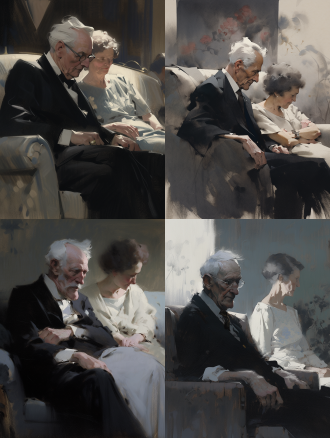 白发男执事坐沙发上黑发吊带小姐坐其大腿，侵略性眼神威严，极简线条，冷色调，清冷感，中长焦镜头，正面光，简洁。