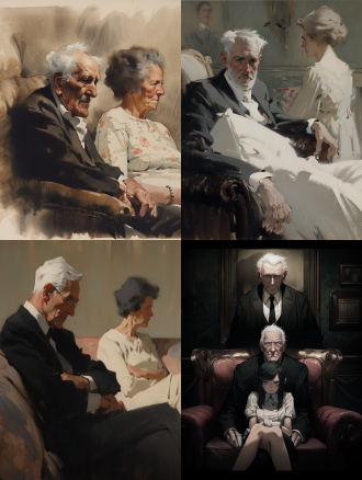 白发男执事坐沙发上黑发吊带小姐坐其大腿，侵略性眼神威严，极简线条，冷色调，清冷感，中长焦镜头，正面光，简洁。