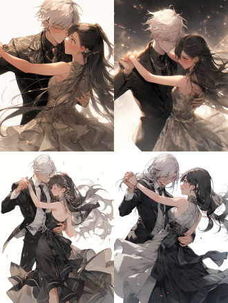 白发青年管家与黑发吊带裙女士跳舞正面全身像，管家目光含情，极简线条，冷色调，凉爽氛围，标准镜头，正面光，优雅。