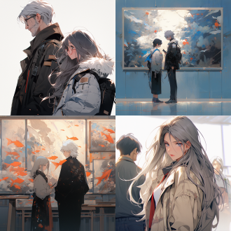 黑发美女与银发男生，极简线条极简风格，莫奈画风，冷色调，凉爽感，人物端庄，中长焦镜头，平光，站立，宁静。