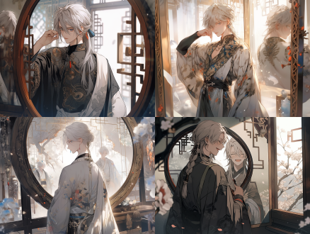 银短发披散汉服男生微笑对镜，旁有黑色曼陀罗花，远景全身照，水墨画风格，自然光长曝光，静谧温馨，古典美细腻。