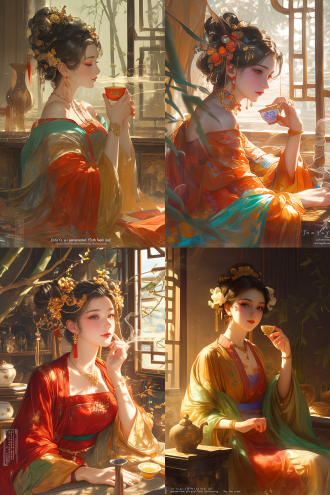 唐代贵妇侧坐竹影窗边，鎏金牡丹发髻垂落香肩，手持秘色瓷盏轻啜茶汤。橙红襦裙缀宝蓝滚边，黄绿披帛随动作流淌如水，腕间金钏与盏沿釉光相映。镜头以45度俯角捕捉睫毛低垂的珍珠光泽，特写茶汤表面悬浮的雪沫涟漪，慢镜头定格双唇轻触盏沿时形成的月牙凹陷。背景虚化中可见博古架青瓷茶具与水墨屏风轮廓，竹影在茶席投下流动光栅，香炉青烟缭绕如绸。画面采用工笔重彩与数字厚涂技法，1900k烛光色温渲染肌肤母贝光泽，丝绸纹理经偏振光强化经纬质感，茶汤水珠运用流体动力学模拟。右下角留白处题"金玉"篆书，左下角嵌半透明"ai生成"水印。建议启用8k材质引擎呈现襦裙织锦与木纹肌理，120fps升格捕捉茶雾升腾轨迹，hdr10+增强釉面冷暖对比，再现《茶经》"沫饽焕如积雪"的诗意瞬间。