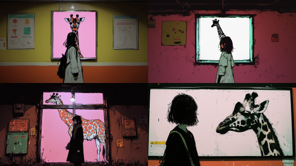 模糊女人走过现代方形画框，画框内是炭笔绘制的雄伟长颈鹿，纯白背景，白色色调，极简主义，简单，居中，电影感，粗颗粒胶片质感，现代广场，柔和侧光，慢快门，优雅，沉思。