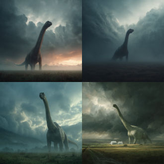 一只高到天际的恐龙，站在乡村中，恐怖的环境