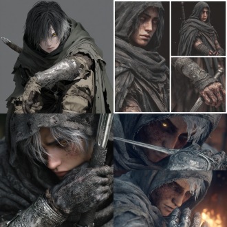 【烬影】独行刺客，左金右银的异色瞳孔能窥见灵魂弱点。武器是影子凝成的薄刃匕首，。总裹着破旧灰斗篷，右腕却戴雕满古藤花纹的银护甲——那是他屠灭的最后一个家族徽记。沉默寡言，执行任务时锋芒毕现，却在每次收刃后蜷在火堆旁反复擦拭护甲花纹，仿佛试图抹去附骨灼烧的业火。