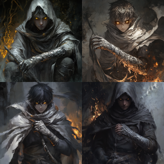 【烬影】独行刺客，左金右银的异色瞳孔能窥见灵魂弱点。武器是影子凝成的薄刃匕首，。总裹着破旧灰斗篷，右腕却戴雕满古藤花纹的银护甲——那是他屠灭的最后一个家族徽记。沉默寡言，执行任务时锋芒毕现，却在每次收刃后蜷在火堆旁反复擦拭护甲花纹，仿佛试图抹去附骨灼烧的业火。