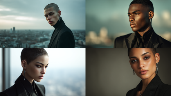 一个社会青年，180身高，短发，浓眉，高鼻梁，带着耳环，耳环是把剑插在耳垂上，略黑的皮肤，精致的五官，浑身散发着魅力，一身精简黑色衣服，行政装，全景