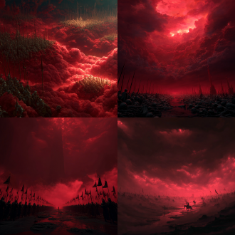 地狱的环境，猩红色的云，漆黑的河流，遍地的枯骨，枯骨十分巨大，枯骨像远古异兽的，十万阴兵举着旗帜从远处走来，尽头站着一个阴森的巨影高耸入云，4k分辨率，