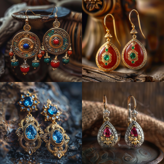 耳环珠宝设计，藏族风格，由佳能eos r5拍摄，精致、优雅、细节复杂、逼真，产品视图 earring jewelry design,tibetan style ,shot by canon eos r5,delicate,elegant ,detailed intricate ,photorealistic,product view