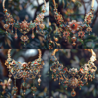 珠宝设计，简约风格，花丝金丝，珐琅工艺，渐变珐琅，景泰蓝，丰富色彩，细腻光泽，3d渲染，柔和色彩，电影纹理，高质量，特写镜头，自然光，细腻质感，渐变色彩，艺术感，奢华感。