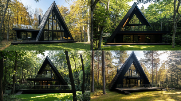 森林里的一个三角形黑色的木屋，玻璃栏杆，露台，阳光洒下来穿过树落在草地和木屋上