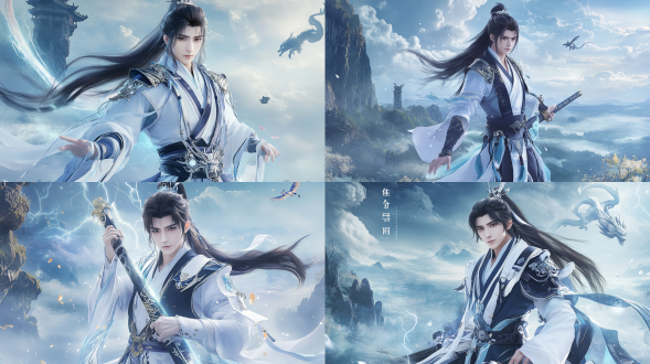 中国古代年轻男子，长发，古装，线条清晰，超8k，cg图，霸气！超现实，强壮的身体，英雄气概，电闪雷鸣，手持长剑，负手而立，地面符文，天上飞龙，震撼，仰视镜头，玄幻效果，超逼真，