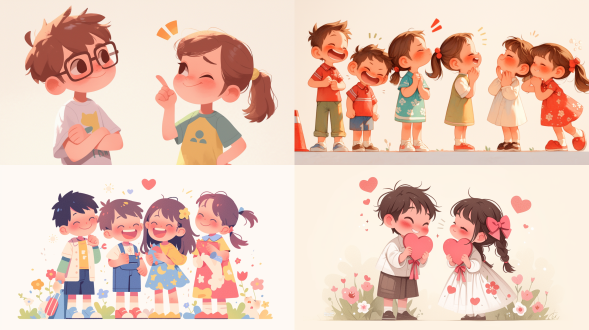 帅气小男孩，可爱的小女孩，夸张动态，丰富表情，鲜艳色彩，简笔卡通画，纯白色背景，扁平化构图，超高清分辨率，高饱和度，明亮光线，生动活泼，朝气蓬勃，开心快乐，夸张表情，动态姿势，更多的场景交互，简笔风格，扁平设计，高分辨率，鲜艳色彩，明亮光线，生动表情，活泼动作，皮克斯，开心氛围，不多于2个人，合理的捏住细的东西的手指，合理的握住圆柱型东西的手指，符合人体正的手臂，符合人体正确方向的手臂，符合人体正确方向的手指 低角度