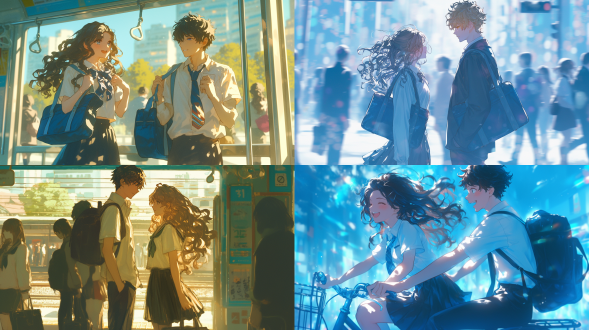 日式动漫风格，帅哥，流川枫，日式校服，白衬衫，黑皮鞋，身高180cm ，美女，长发，波浪卷，鹅蛋脸，手拿书包，逆光，高饱和度，迎角镜头，动态模糊，全身，冷色调，神秘感，多人，场景交互，气氛活跃，没有多余的手指，没有多余手臂，没有扭曲的手，没扭曲的手臂，没有坏掉的手指，没有扭曲的手指，合理的捏住细的东西的手指，合理的握住圆柱型东西的手指，符合人体正的手臂，符合人体正确方向的手臂，符合人体正确方向的手指 低角度