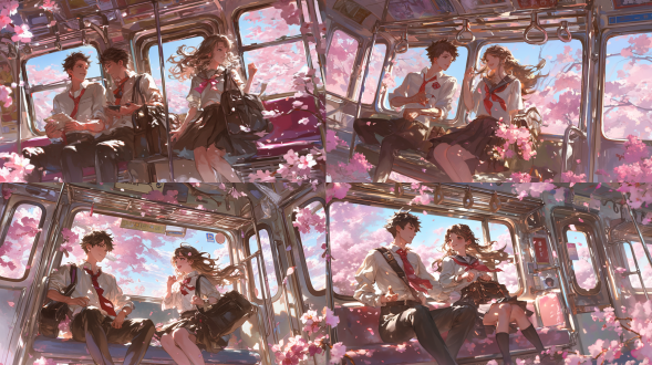 帅哥，浦饭幽助的法型，男款日式校服，白衬衫，黑皮鞋，身高180cm ，美女，太太你的发型很危险，裙子过膝，鹅蛋脸，身高160cm，逆光，高饱和度，迎角镜头，动态模糊，全身，冷色调，神秘感，多人，场景交互，气氛活跃，cg,富坚义博风格，没有多余的手指，没有多余手臂，没有扭曲的手，没扭曲的手臂，没有坏掉的手指，没有扭曲的手指，合理的捏住细的东西的手指，合理的握住圆柱型东西的手指，符合人体正的手臂，符合人体正确方向的手臂，符合人体正确方向的手指 并列构图