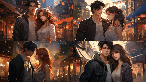 美男子与美妇人，斜刘海发型与长马尾发型，长马尾披在肩膀上，青年与风韵犹存，身材匀称和丰腴，前突，动漫风格，鸟山明，cg渲染，街道背景，细腻光影，长焦镜头，近态描写，多人，场景互动，鲜艳色彩，浪漫氛围，没有多余的手指，没有多余手臂，没有扭曲的手，没扭曲的手臂，没有坏掉的手指，没有扭曲的手指，合理的捏住细的东西的手指，合理的握住圆柱型东西的手指，符合人体正的手臂，符合人体正确方向的手臂，符合人体正确方向的手指 动画艺术 聚光灯 柔光