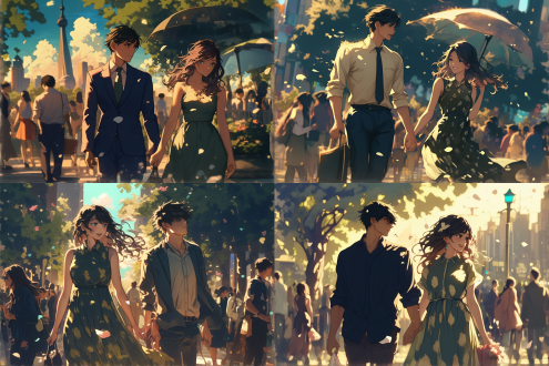 成年男女散步，浦饭幽助，男，稳重，李明美，女，优雅，安静，在上海外滩，随机多角度镜头，清新色彩，随机表情，随机行为动作，插画，美树本晴彦风格