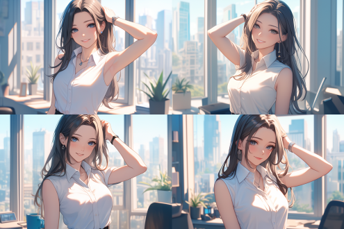 女 老师 ,极道大小姐，slim,身材gorgeous,性格cool,黑色长发,在学校办公室，抬手将秀发潦倒脑后，露出洁白的牙齿，微微一笑，，腰部以上，明亮光线，