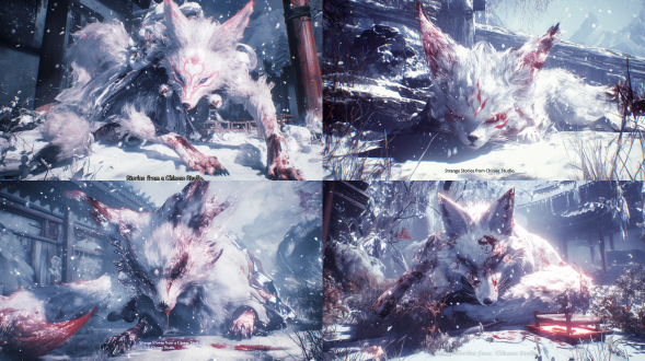 一只受伤的白狐，书生打扮，聊斋，月光下，中国古代，古代庭院，下雪，柔和光线，长焦镜头，低对比度，白狐受伤，匍匐，神秘氛围，冷色调，宁静，中国风格