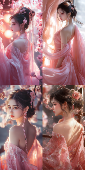 东方美女模特，古典发饰，优雅，curvaceous figure，身材丰腴，现代时尚，精致柔和光线，华丽耳环，神秘气质，粉色中式服装，全身像，舞姿优美，远景， 4k，动漫画质，高对比度，暖色调，广角镜头，侧光，慢快门，动漫质感