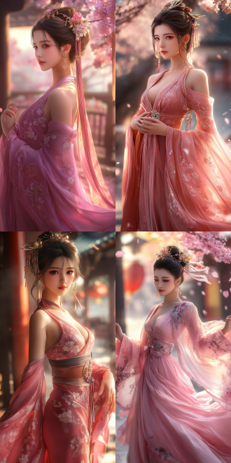 东方美女模特，古典发饰，优雅，curvaceous figure，身材丰腴，现代时尚，精致柔和光线，华丽耳环，神秘气质，粉色中式服装，全身像，舞姿优美，远景， 4k，动漫画质，高对比度，暖色调，广角镜头，侧光，慢快门，动漫质感