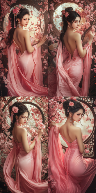 东方美女模特，古典发饰，优雅，curvaceous figure，身材丰腴，现代时尚，精致柔和光线，华丽耳环，神秘气质，粉色中式服装，全身像，舞姿优美，远景， 4k，动漫画质，高对比度，暖色调，广角镜头，侧光，慢快门，动漫质感