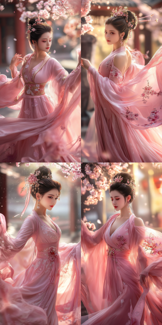 东方美女模特，古典发饰，优雅，curvaceous figure，身材丰腴，现代时尚，精致柔和光线，华丽耳环，神秘气质，粉色中式服装，全身像，舞姿优美，远景， 4k，动漫画质，高对比度，暖色调，广角镜头，侧光，慢快门，动漫质感