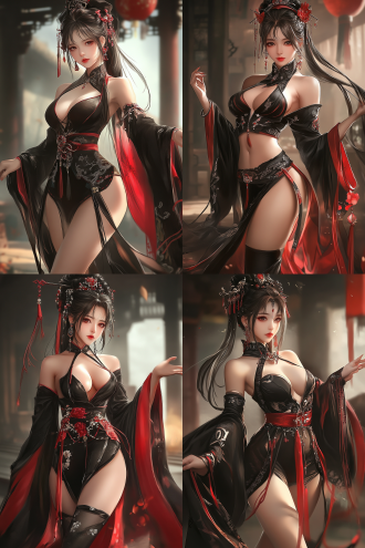 an oriental beauty model, wearing black and red chinese clothing, adorned with classical hair ornaments. she has a graceful and alluring figure with charming long legs. wearing gorgeous earrings, with an alluring expression and a mysterious aura. standing in a graceful dance pose, slightly lifting her hips, presented in medium shot. the picture has anime-like quality, high contrast, warm tones, and wide-angle lens.