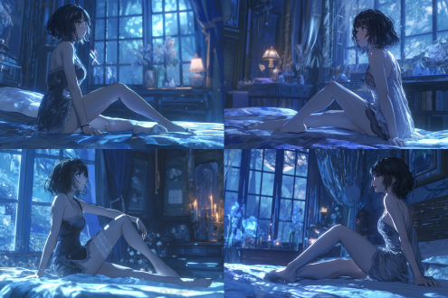 in a secluded villa bedroom, the cold moonlight spills like water. an oriental beauty sits quietly on the bed. she has a graceful and alluring figure with charming long legs. slightly raising her hip. her expression is delicate, with affectionate eyes and a slightly raised corner of the mouth, filled with happiness. shot from a side and distant view, with cool and soft light, 2k picture quality, and a perfect combination of game cg and anime styles.