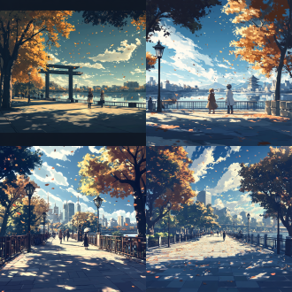 秋天的城市，宁静且美丽。街道两侧树木披上金黄秋装，微风拂过，树叶沙沙作响，落叶纷纷飘落。公园湖水清澈如镜，倒映着蓝天白云与多彩秋叶。阳光洒下，形成绚丽光影。人们漫步其中，享受秋日美好，空中落叶在光影中飞舞，2k画质，画面为游戏 cg 风格，同时带有略微写实感