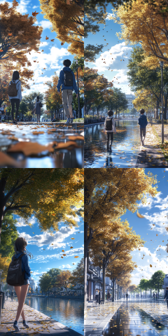 秋天的城市，宁静且美丽。街道两侧树木披上金黄秋装，微风拂过，树叶沙沙作响，落叶纷纷飘落。公园湖水清澈如镜，倒映着蓝天白云与多彩秋叶。阳光洒下，形成绚丽光影。人们漫步其中，享受秋日美好，空中落叶在光影中飞舞，2k画质，画面为游戏 cg 风格和动漫风格，同时带有略微写实感