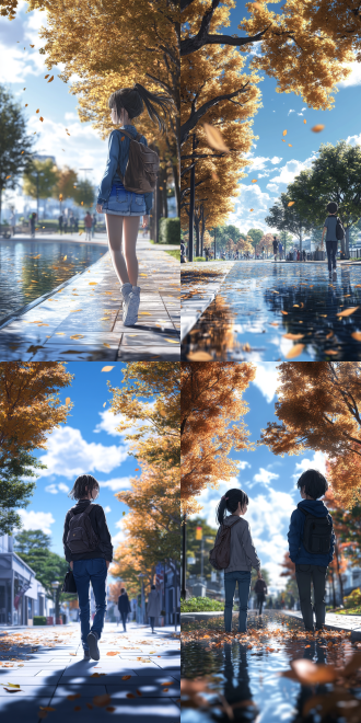 秋天的城市，宁静且美丽。街道两侧树木披上金黄秋装，微风拂过，树叶沙沙作响，落叶纷纷飘落。公园湖水清澈如镜，倒映着蓝天白云与多彩秋叶。阳光洒下，形成绚丽光影。人们漫步其中，享受秋日美好，空中落叶在光影中飞舞，2k画质，画面为游戏 cg 风格和动漫风格，同时带有略微写实感