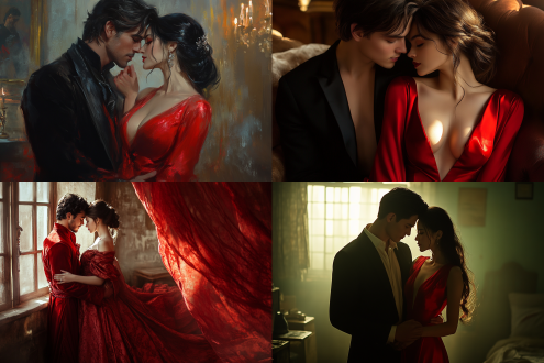 in a cozy ordinary room, from a left-side view, a handsome man and a charming woman in a long red silk dress are tightly embraced, their lips touching, lost in deep affection. the woman has a graceful figure, charming and alluring, and the red dress flutters like silk. the room is simply decorated and comfortable. the light is hazy, creating a romantic atmosphere of oblivion. long shot, 2k , japanese manga styl，akihiko yoshida style，high-definition skin texture.
