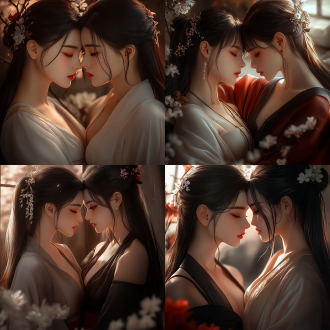 in a cozy room with simple decoration. in the foreground are several bunches of delicate flowers. two charming oriental women are quietly embracing. their lips are touching. the held woman has her mouth slightly open. with a dreamy look in her eyes and a slight blush on her cheeks. wearing plain cotton dresses that flutter lightly，full-body shot，low angle shot，rich colors. hazy light. 2k. japanese anime style， high-definition skin texture