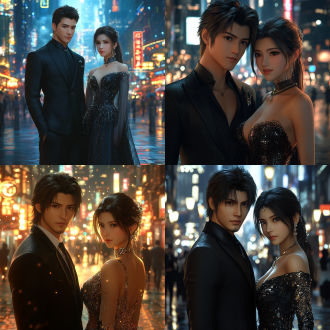 top cg animation. a handsome chinese man is wearing a neat black suit with extraordinary temperament. a beautiful woman in a fashionable and charming dress stands by. the background is a modern urban street with rows of skyscrapers and gorgeous lights. they stand still. the picture is full of charm and story. it is fashionable, grand, and romantically charming.最终幻想7风格