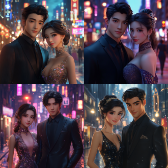top cg animation. a handsome chinese man is wearing a neat black suit with extraordinary temperament. a beautiful woman in a fashionable and charming dress stands by. the background is a modern urban street with rows of skyscrapers and gorgeous lights. they stand still. the picture is full of charm and story. it is fashionable, grand, and romantically charming.