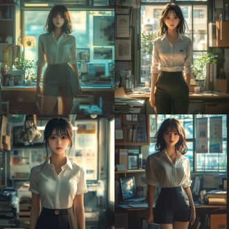 in hyper real photo，an anime stunning chinese woman in office attire，新海诚风格，全身像:10，