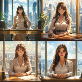 combining hyper-real style and makoto shinkai style. a young and elegant woman in stylish office dress is sitting at a large desk. she has a charming and inviting expression, with her long hair flowing. the background is a modern office with floor-to-ceiling windows and city view. colors are neutral with gold accents. the light is soft and flattering, highlighting her beauty. high quality, ultra-high resolution, 2k