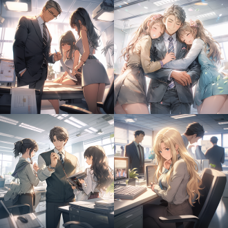 an hyper-real photo, in makoto shinkai style. in a spacious and bright office, a gentle and handsome man in a straight suit is closely attached to two sweet and elegant women wearing fashionable professional clothes. the office is simply arranged with bright lights and office chairs. the interaction among the three is warm. colors are delicate and real. the light is soft, close-up shot.