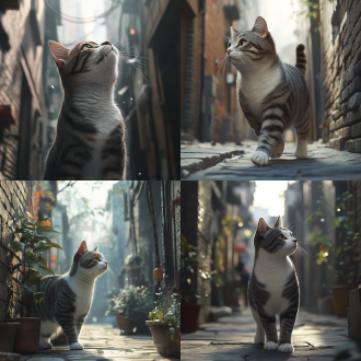 一只灰白狸花猫，超写实风格，在上海风格的弄堂里，动作拍摄，低角度拍摄，侧面视图，动态艺术，近景::1.1，光线柔和，明亮，冷色调，僻静，高分辨率