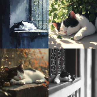 a black ， white cat ， makoto shinkai style . sleeping on the secluded balcony of an old shanghai villa. close-up shot. soft and bright light. cool tone atmosphere. high resolution presentation. the picture is serene.