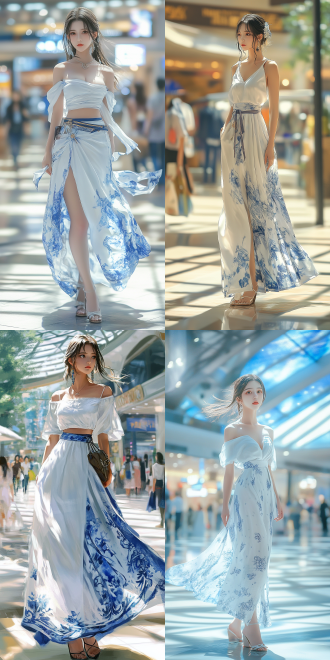 a beautiful woman,穿着白色休闲服装，蓝白花纹长裙，美腿，背景是购物商场，(shot from an oblique angle):1, full-body view, atlus风格