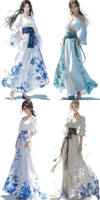 a beautiful woman，穿着白色休闲服装，蓝白花纹长裙，(shot from an oblique-upward angle):1, full-body view, atlus风格