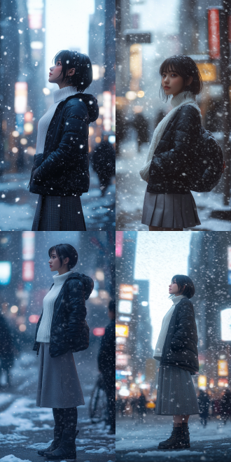 low-angle side view full-body photo. beautiful woman, 173 cm tall. short hair to the ears. slightly dark skin. confident and handsome. wearing a white sweater, black down jacket and knee-length gray long skirt. standing on a city street covered in heavy snow. makoto shinkai style. 2k high-definition. motion capture. warm lighting but overall in cool tones.