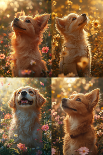 中华田园犬，幼犬，周围有野花绽放，阳光透过树叶洒下光斑。它歪着脑袋，模样憨态可掬，超写实风格，新海诚风格，2k 高清画质，色彩清新，充满自然之美