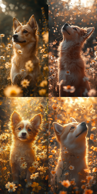 中华田园犬，幼犬，周围有野花绽放，阳光透过树叶洒下光斑。它歪着脑袋，模样憨态可掬，超写实风格，新海诚风格，动态艺术， 2k 高清画质，冷色调，充满自然之美