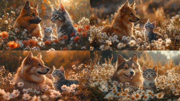 一只中华田园犬幼犬 和 一只灰白色狸花猫，在玩耍，周围有野花绽放。超写实风格，新海诚风格，动态捕捉， 2k 高清画质，冷色调，充满自然之美