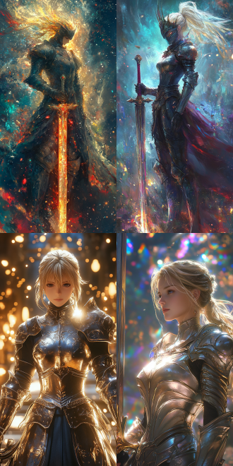 in fate/stay night, artoria pendragon holds the excalibur. she is wearing magnificent armor with unique textures. she has a resolute expression and her hair is fluttering in the wind. standing in a mysterious and fantastical background with radiant lights. the picture style is majestic and full of fantasy colors.