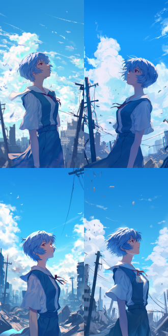 in neon genesis evangelion, rei ayanami. her short blue hair flutters in the wind. her ethereal eyes reveal mystery. wearing white combat uniform, she stands gracefully and upright. the background is a ruined city with broken walls and remnants, showing vicissitudes. the picture is in the style of yoshida akihiko.，日本动漫风格， the overall tone is elegant and fresh. the lines are delicate and smooth. the style is beautiful and with a touch of sadness, showing unique charm.