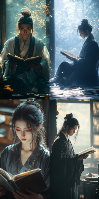 4k ancient style illustration. cai wenji in cyan-black ruqun is reading oriental bamboo slips in an ancient study. medium shot composition. warm light falls. no modern elements. with light and shadow changes. the picture is classical and elegant.